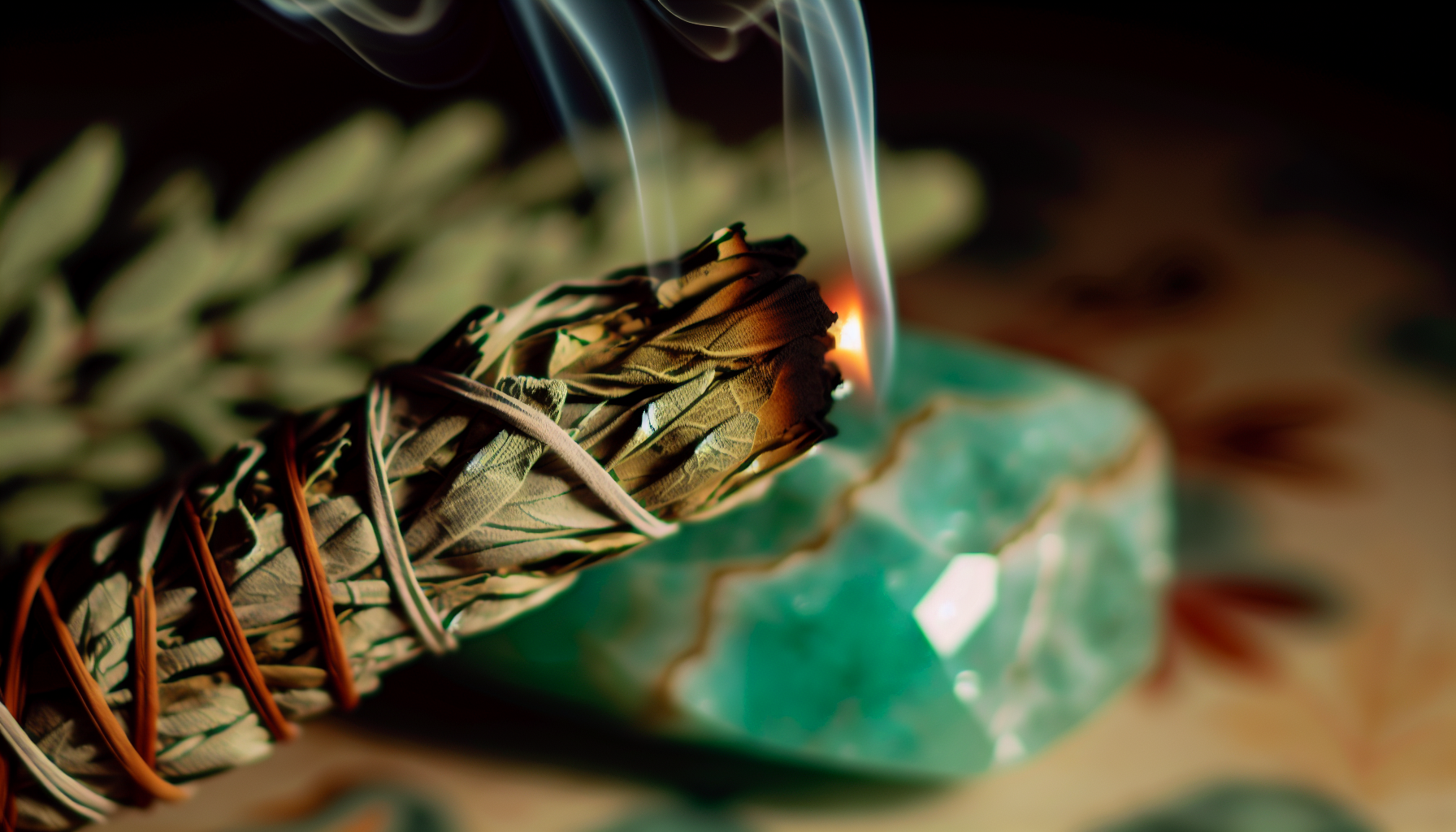 Smudging sage sticks with blurred Amazonite crystal in the background