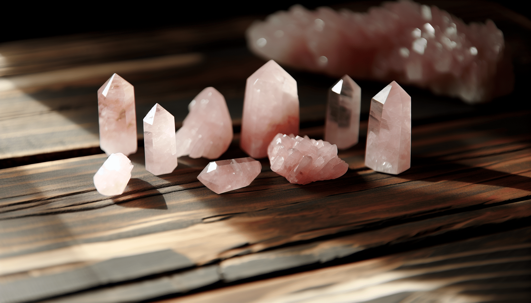Rose quartz crystals in various shades of pink