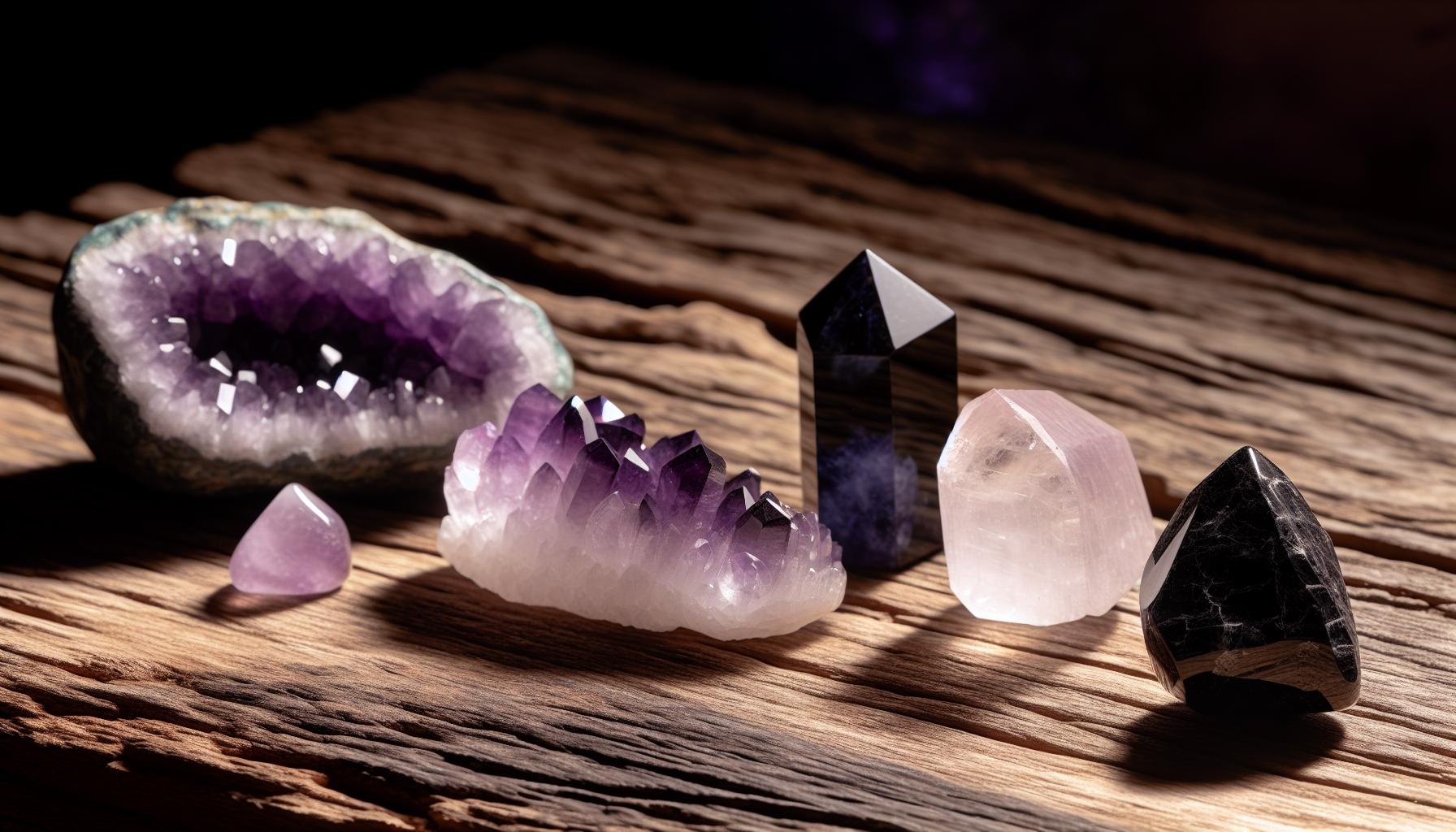 Assortment of different crystals including Amethyst, Clear Quartz, and Black Tourmaline