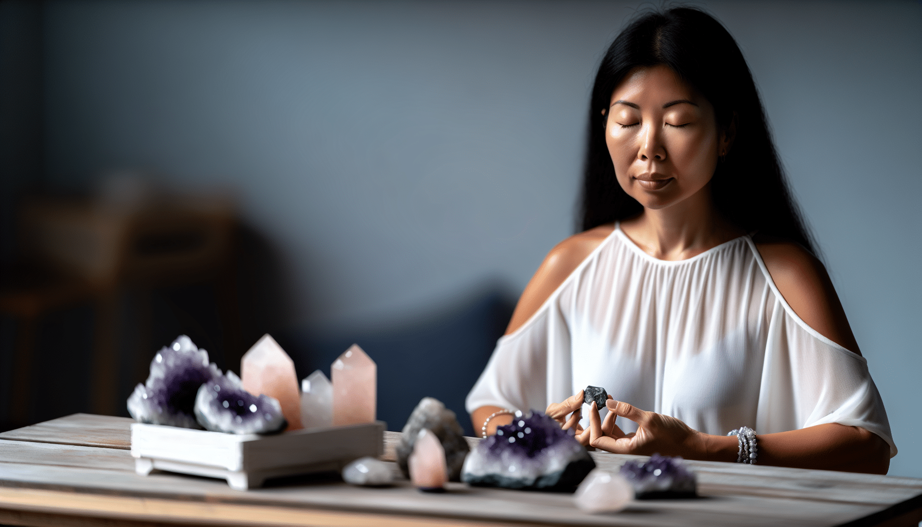 Person meditating with Amethyst, Rose Quartz, and Clear Quartz crystals
