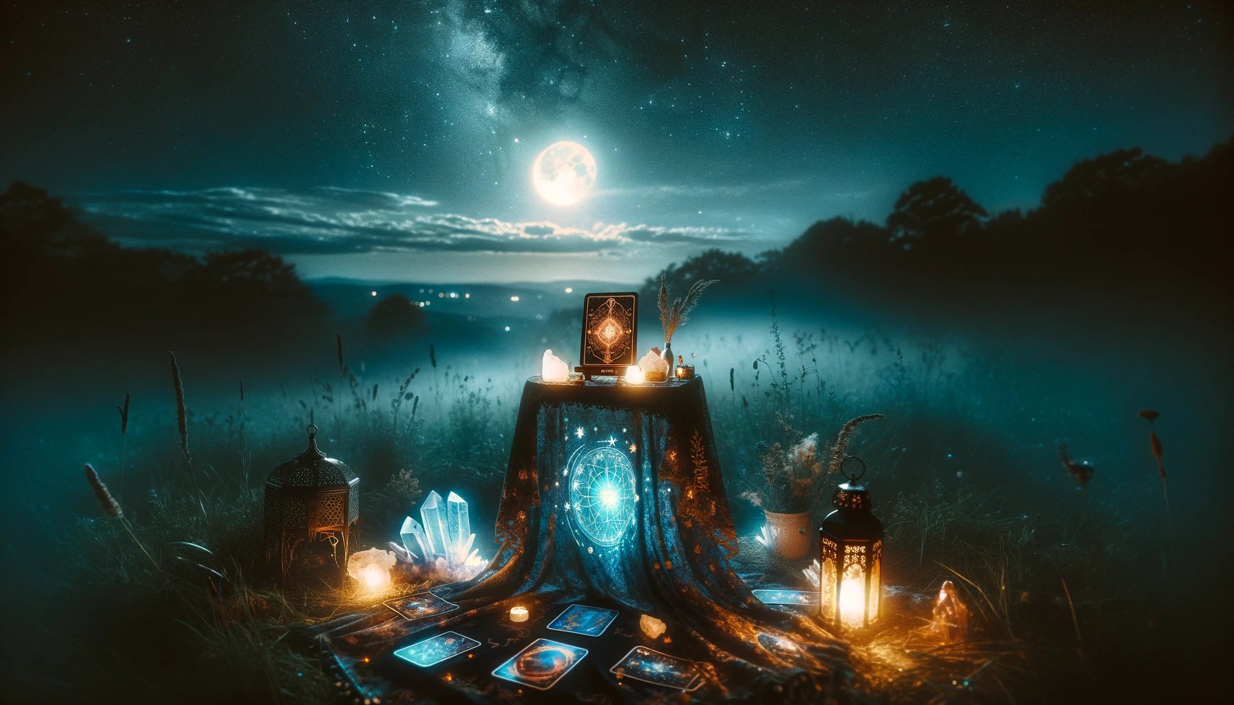 A mystical and atmospheric tarot reading setup at night, outdoors under a starry sky