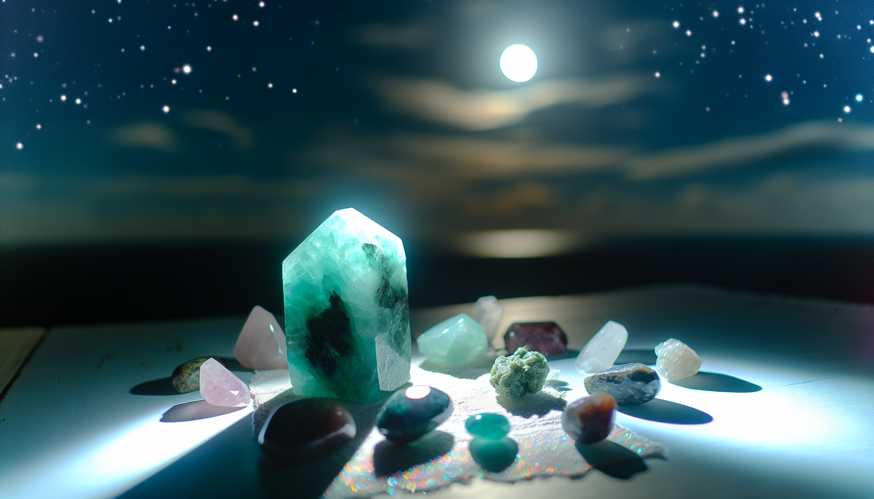 Amazonite crystal being charged under moonlight with a blurred background of other gemstones