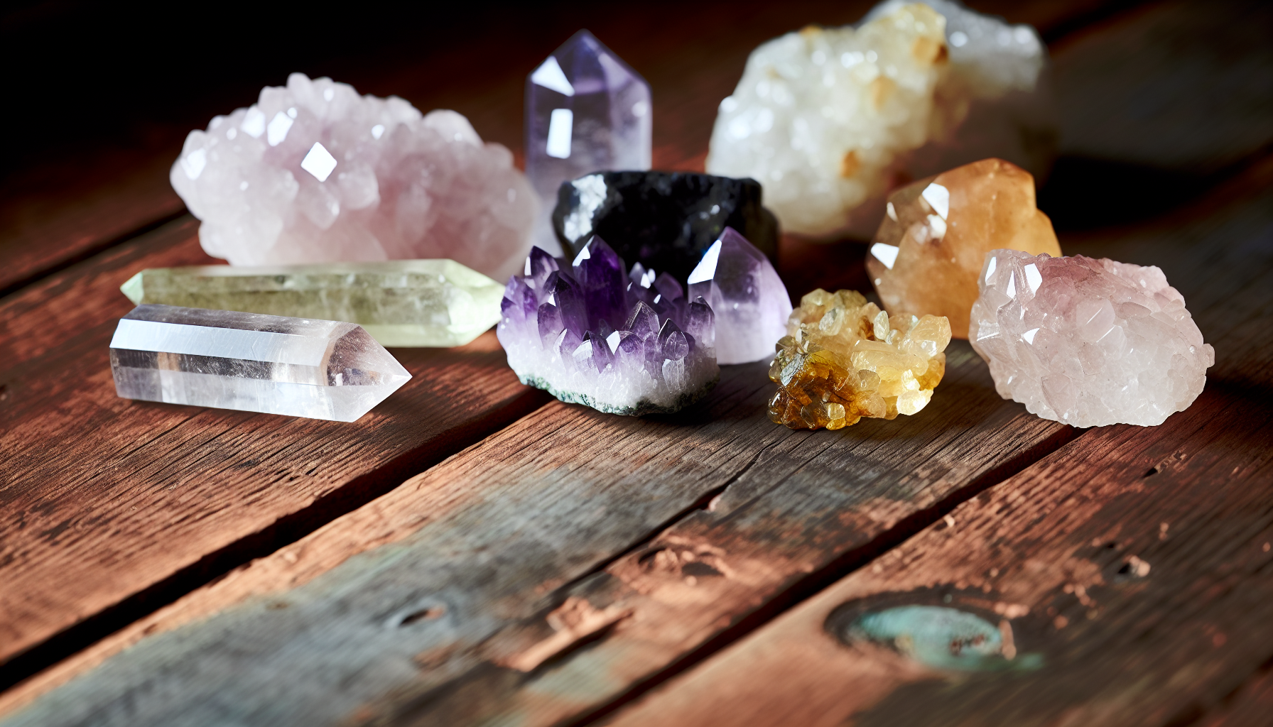 Various crystals including Clear Quartz, Amethyst, Citrine, and Black Tourmaline