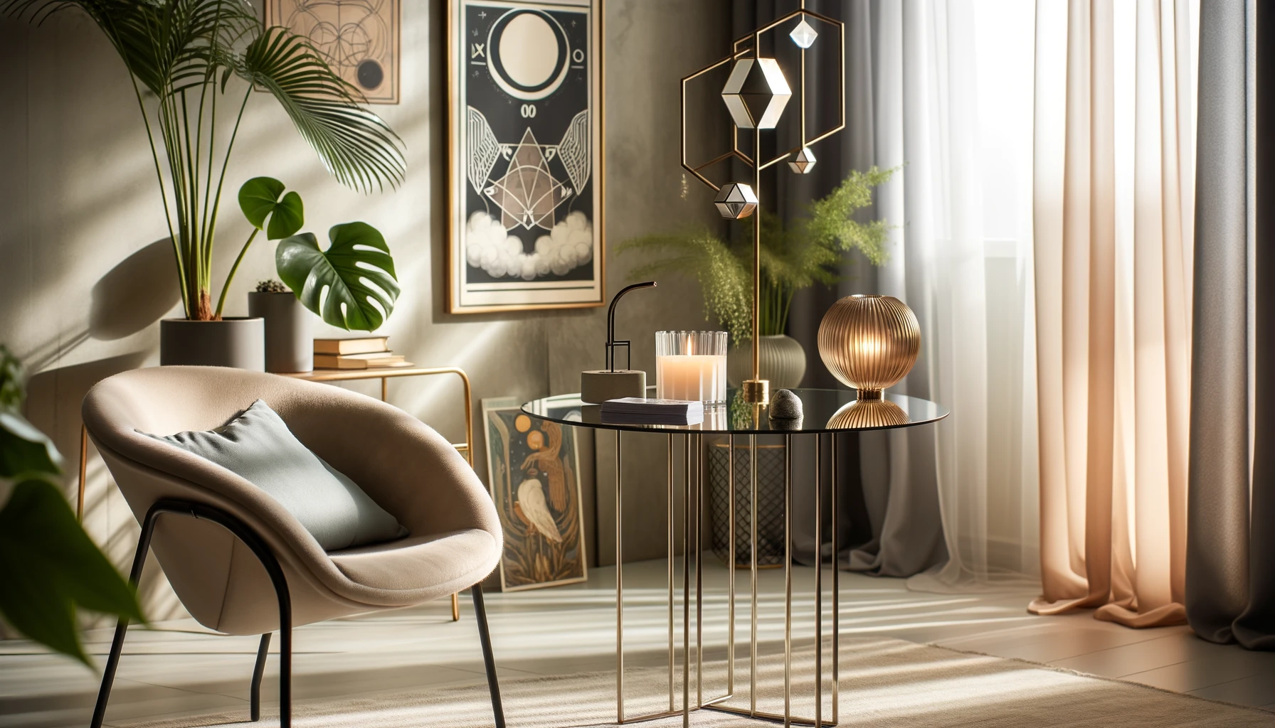 An elegant and modern tarot reading corner with minimalist decor, featuring a sleek, glass table on which a modern tarot card deck lies