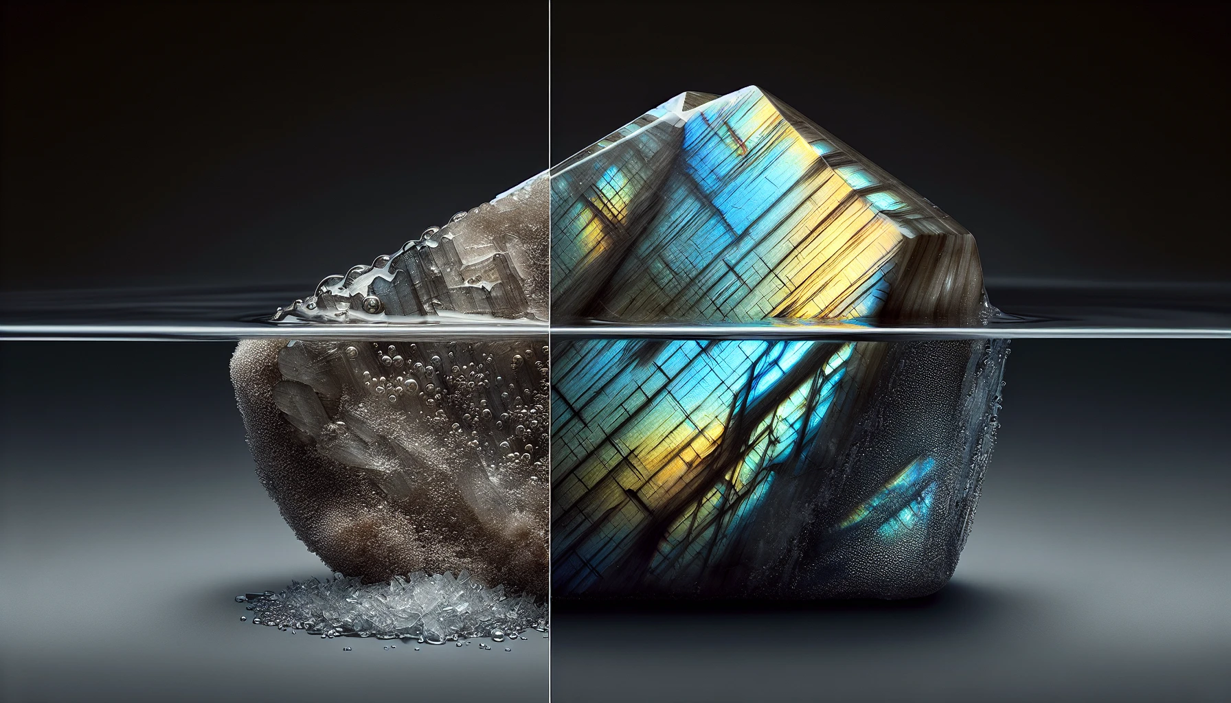 Labradorite crystal in salt water and freshwater