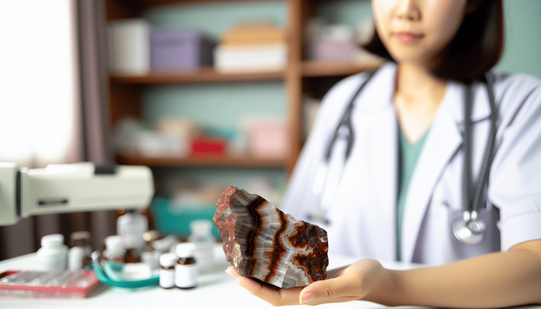 Petrified wood crystal on a nurse's desk