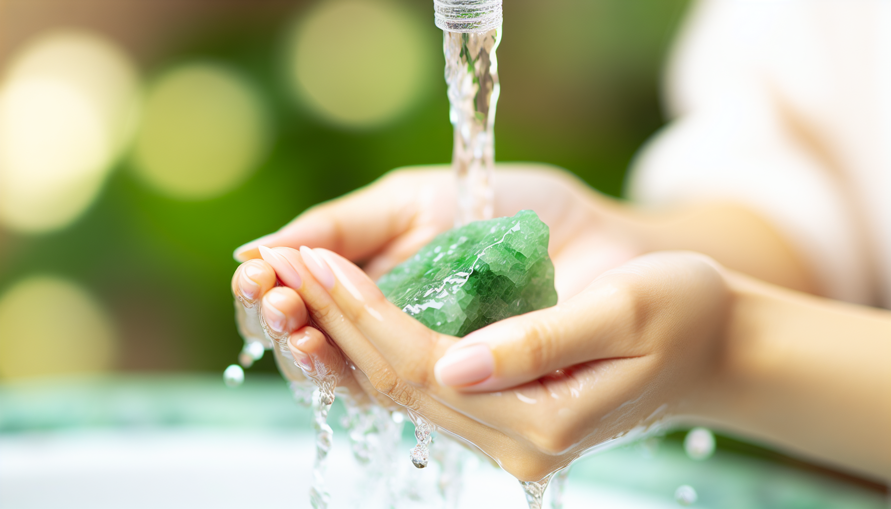 Person holding a piece of Green Aventurine, a salt safe crystal, under running water for cleansing