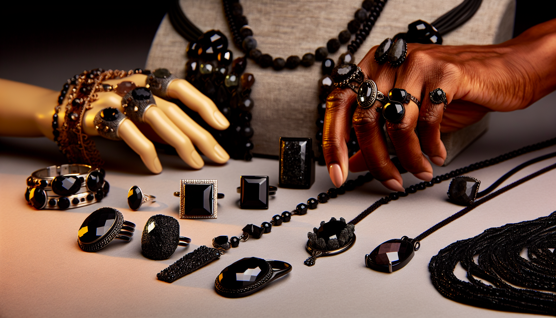 Fashion accessories with black tourmaline and obsidian gemstones