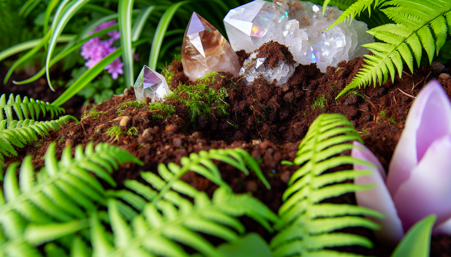 Crystals buried in the earth with greenery in the background