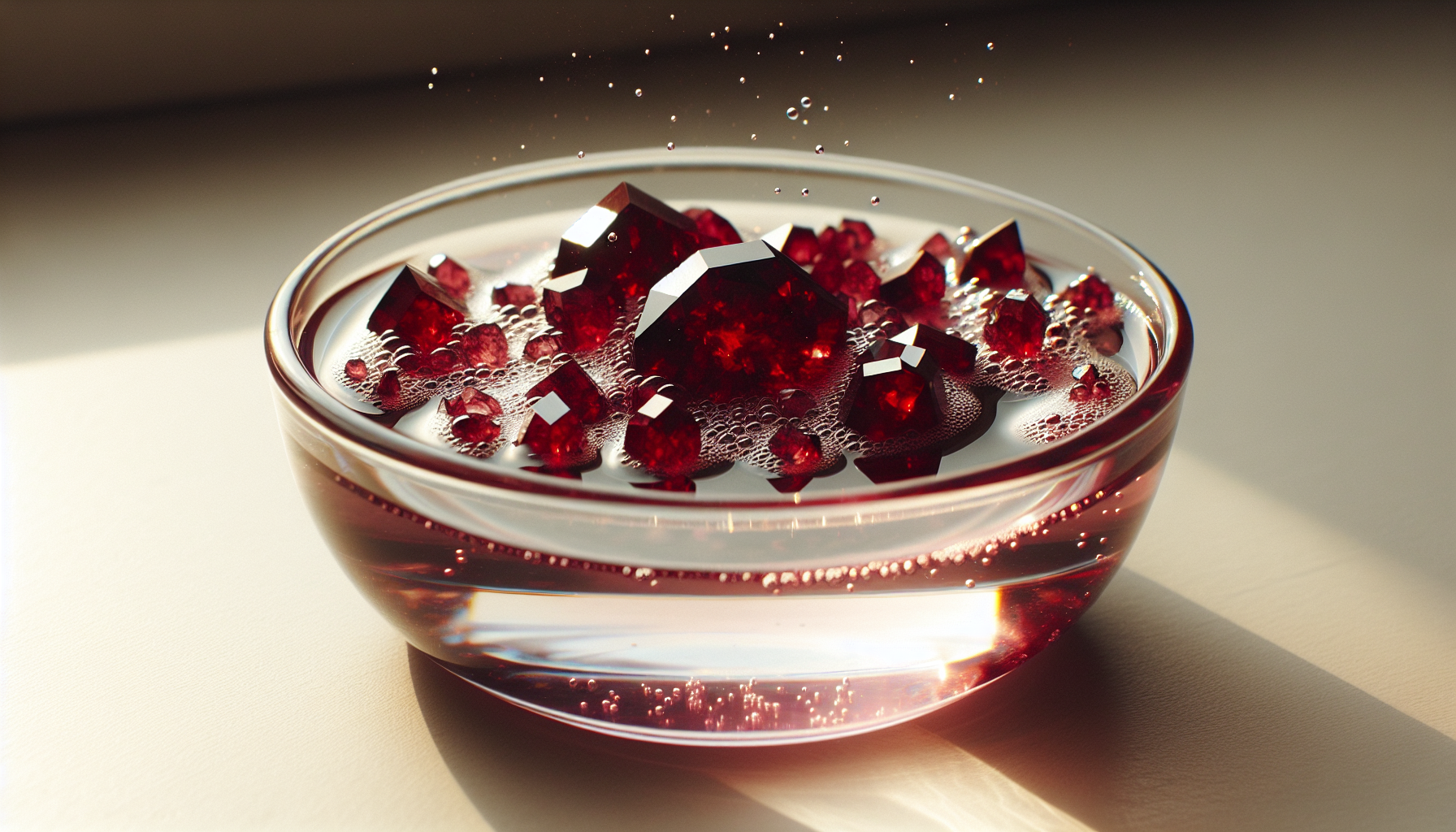 Garnet crystals in lukewarm water