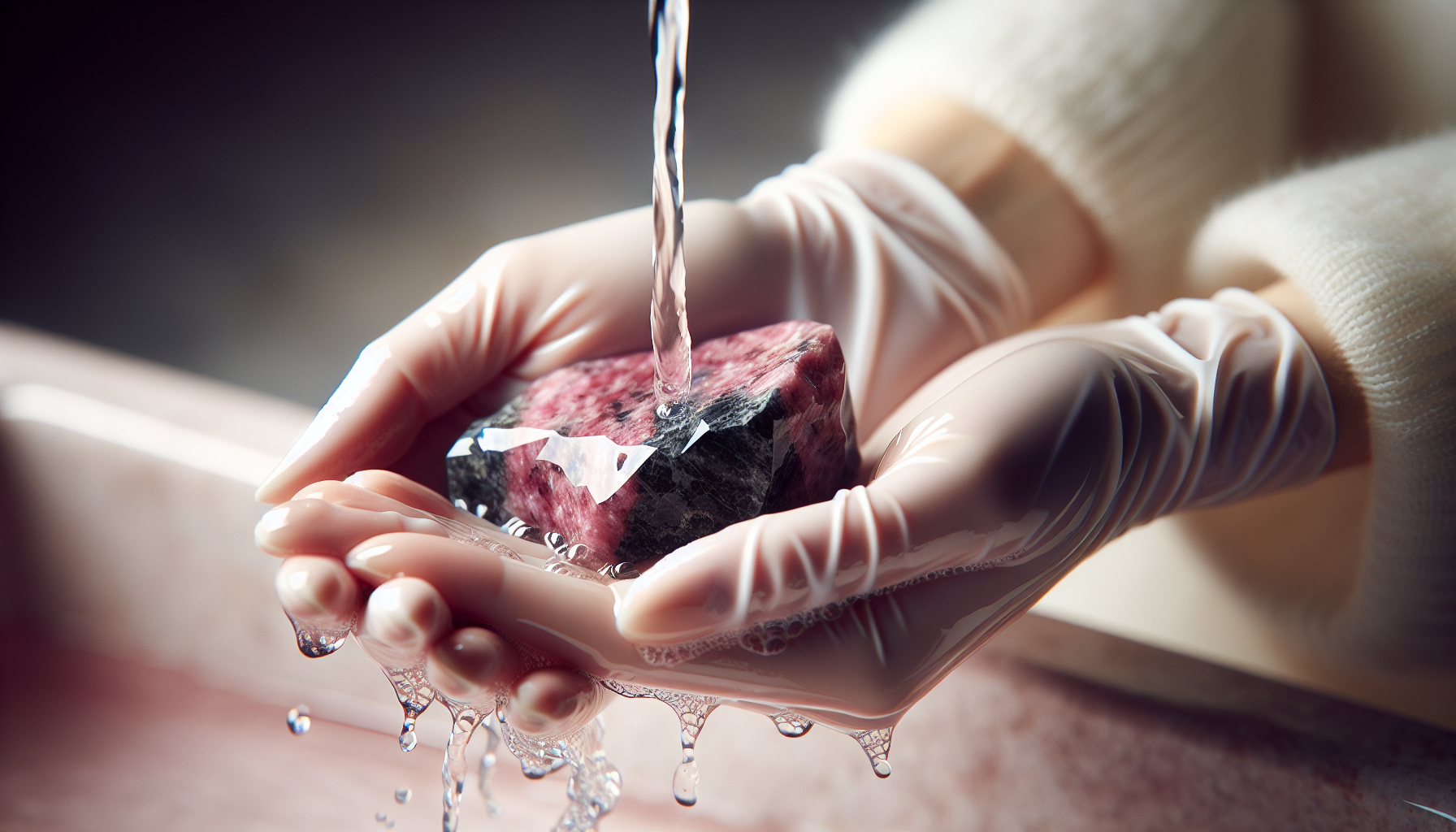 Cleansing Rhodonite with water