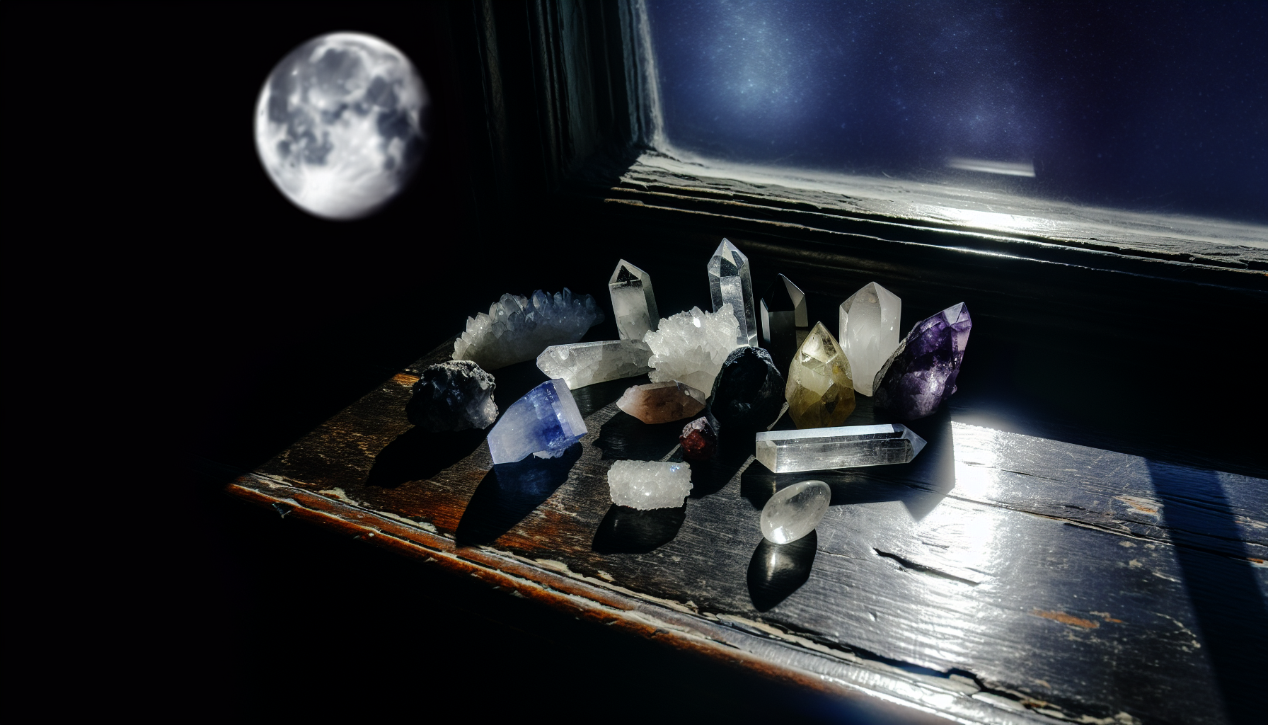 Crystals under the moonlight on a windowsill