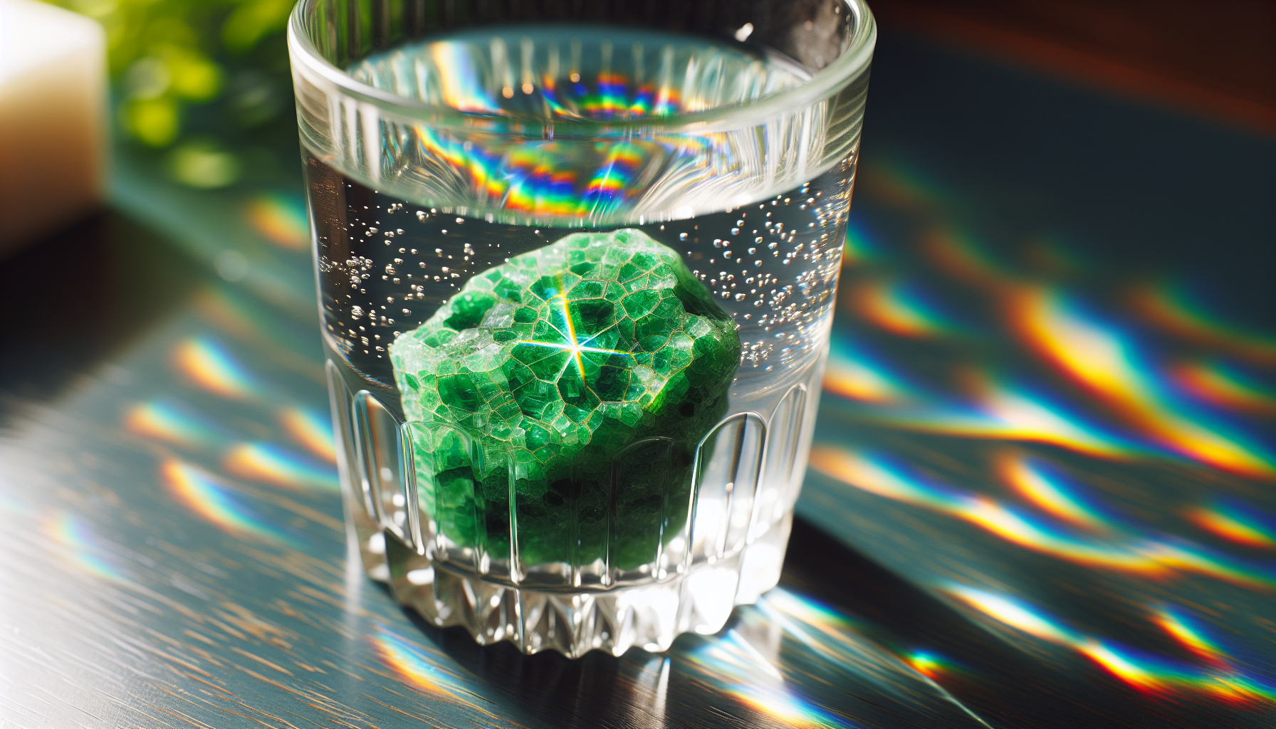 Green aventurine crystal in a glass of water