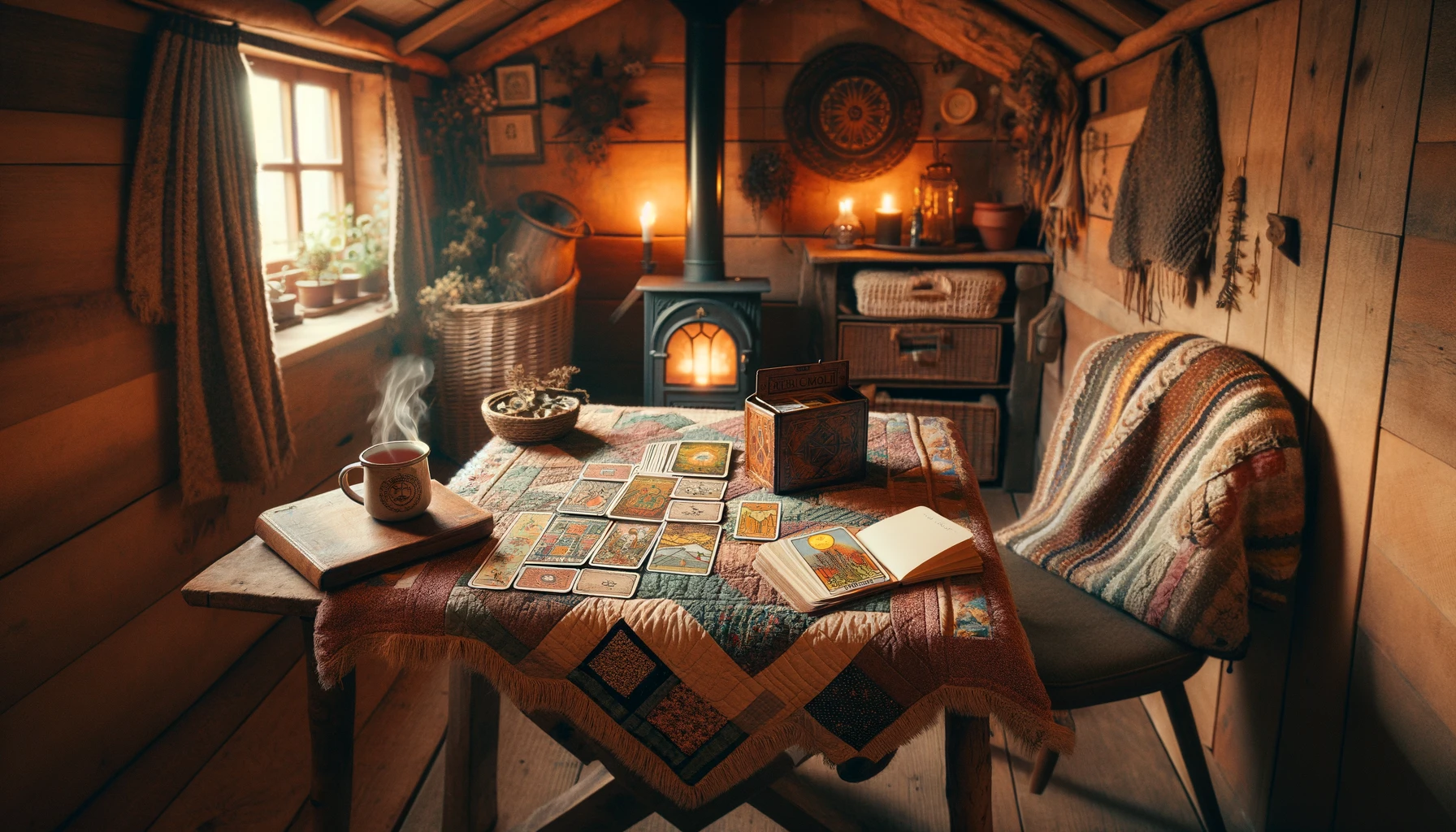 A cozy and inviting tarot reading nook, set within a small, warmly lit cabin