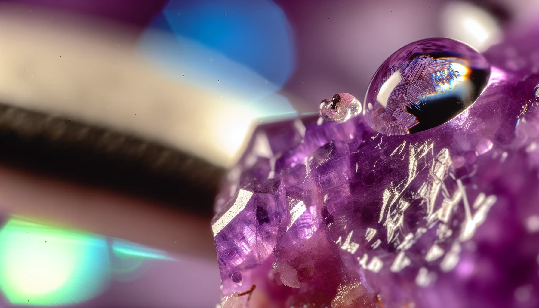 Lepidolite crystal and water droplets