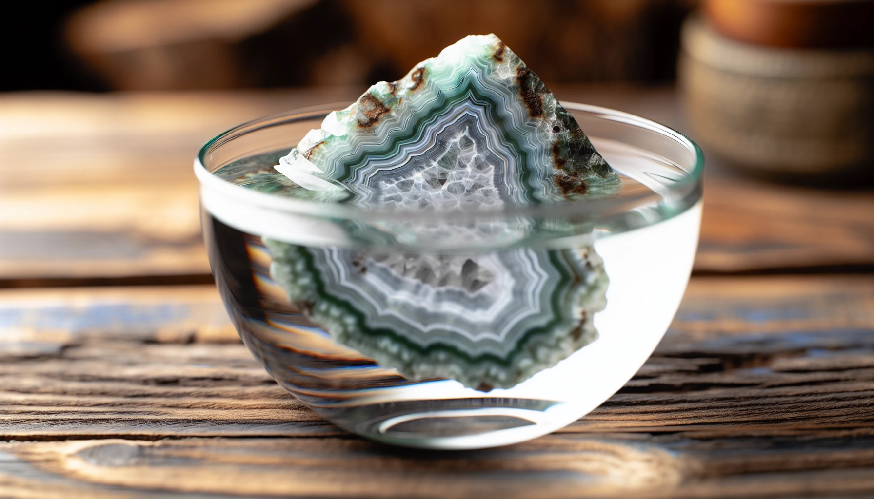 A beautiful tree agate crystal in a bowl of fresh water