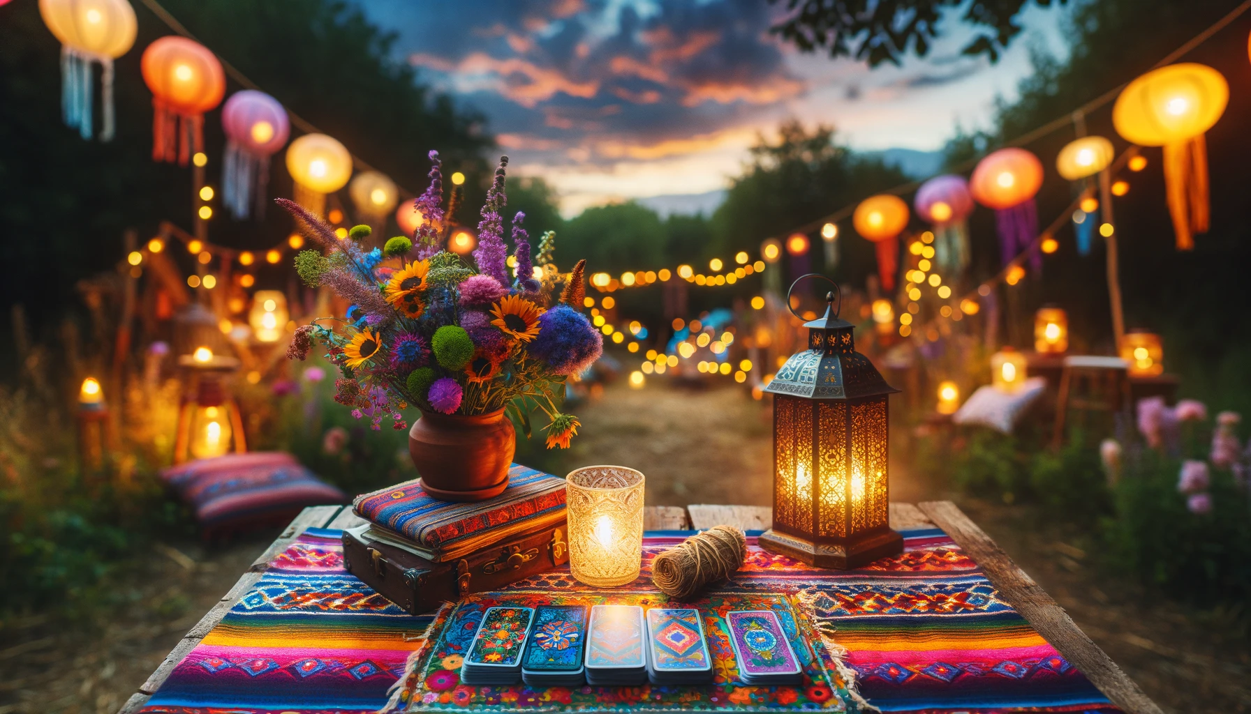 A vibrant and colorful outdoor setting under a twilight sky, featuring a rustic wooden table adorned with a brightly patterned cloth
