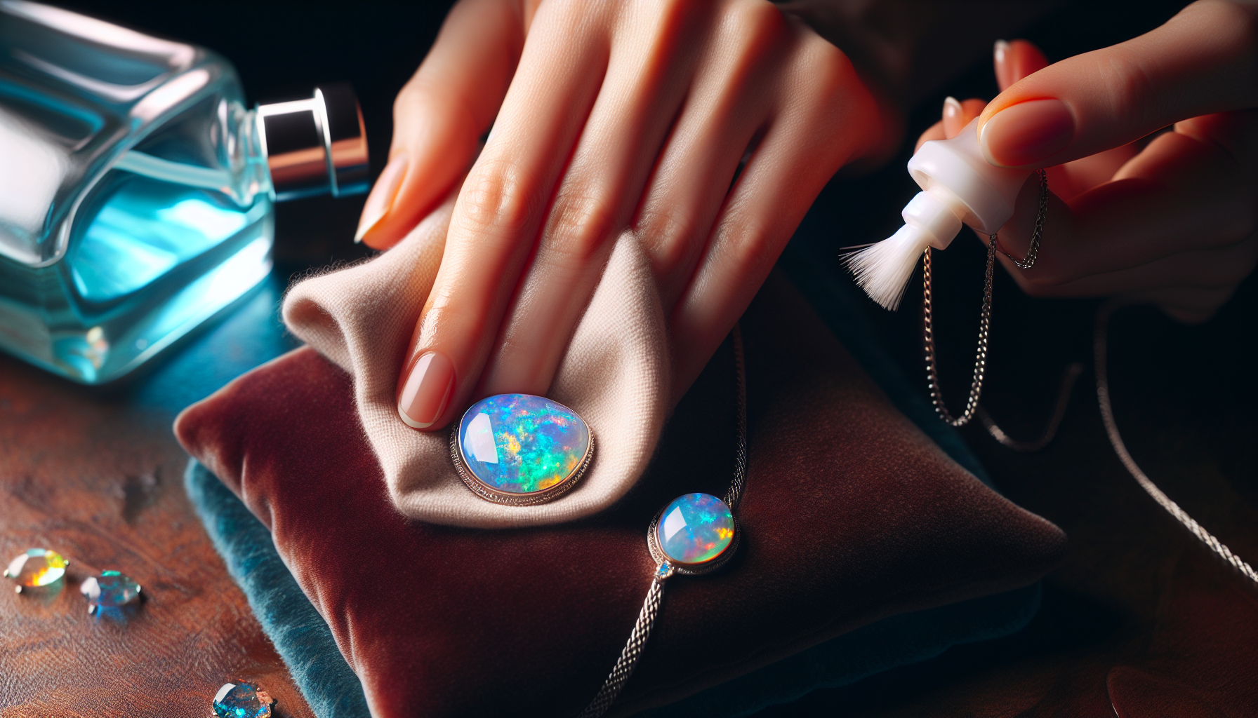 Opal jewelry being cleaned with a damp cloth