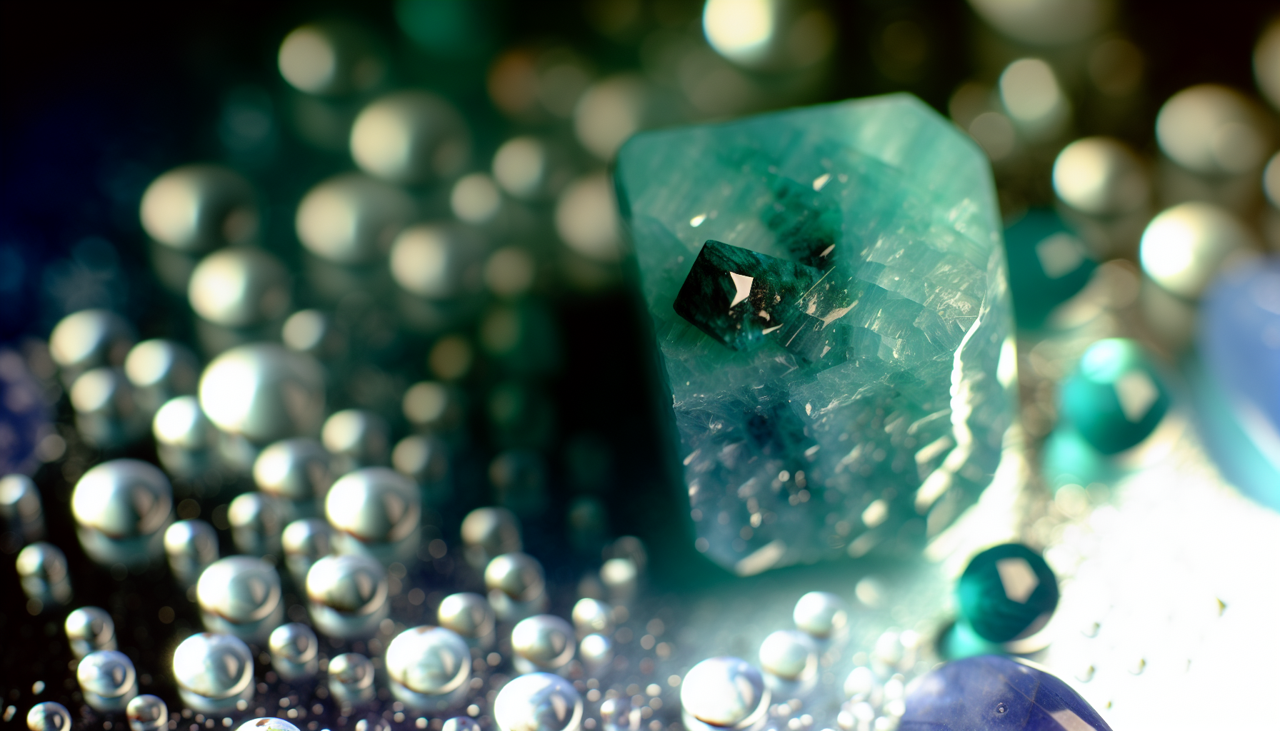 Amazonite crystal surrounded by water droplets with blurred background of other crystals