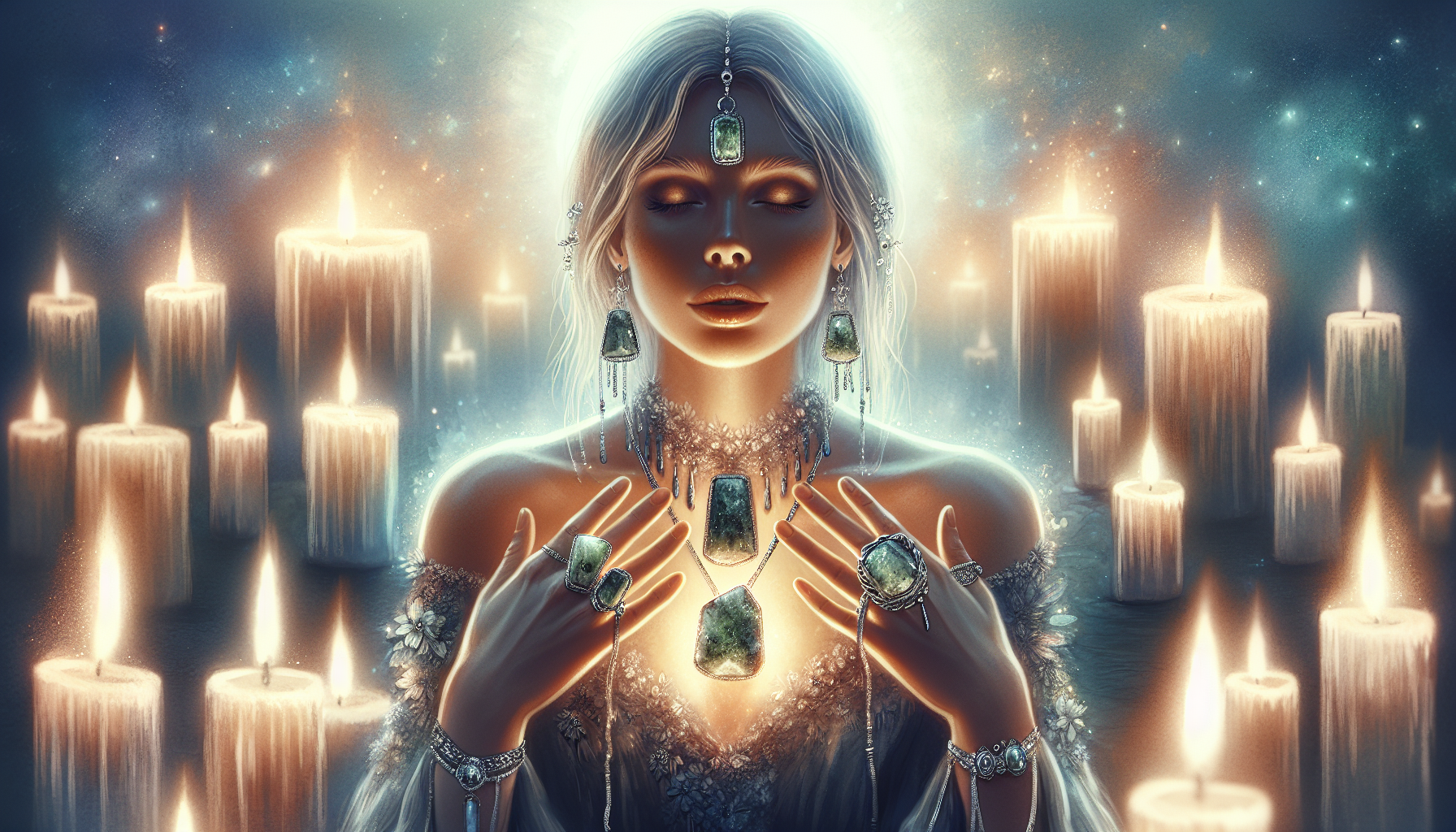 Illustration of a person wearing moldavite jewelry and meditating in a serene environment