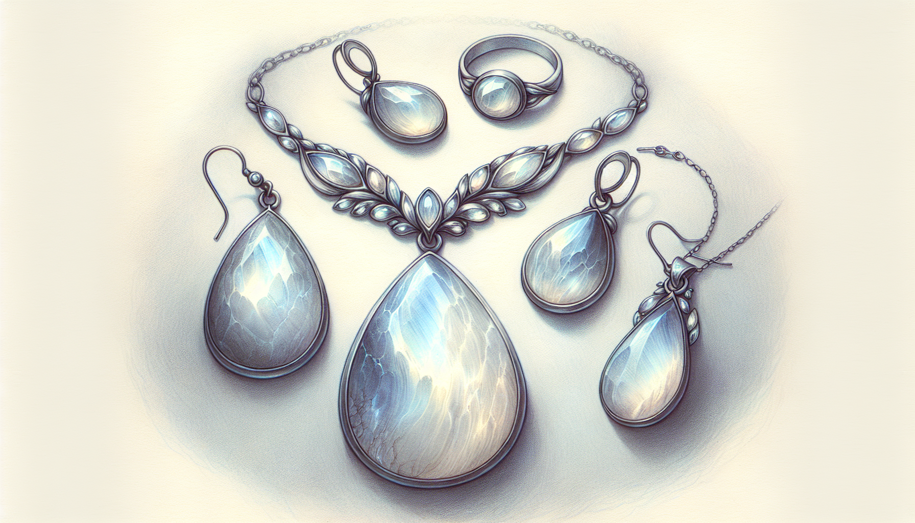 Illustration of elegant moonstone jewelry representing its protective and healing properties