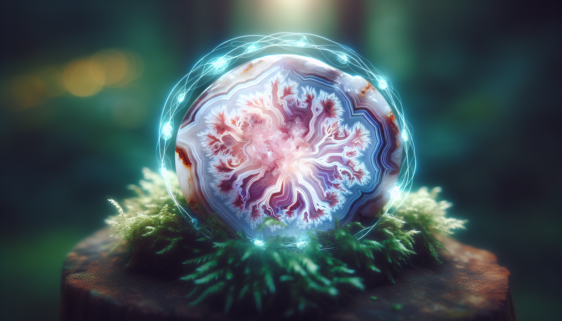 Artistic representation of flower agate being charged with intention and affirmations