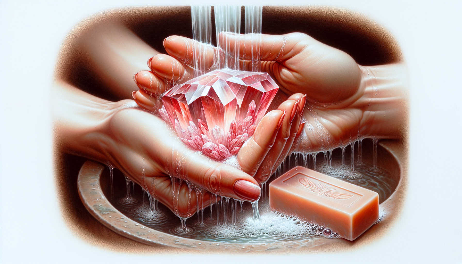 Cleansing Strawberry Quartz with Lukewarm Water and Mild Soap