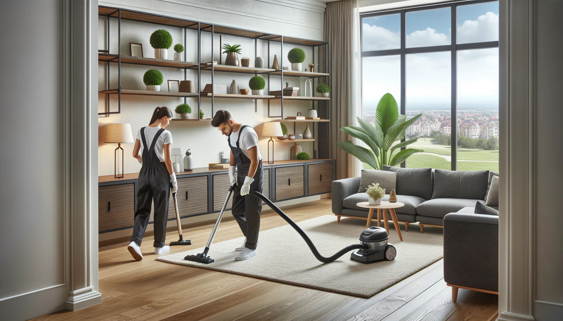 A wide image of a professional house cleaning service in action inside a modern living room