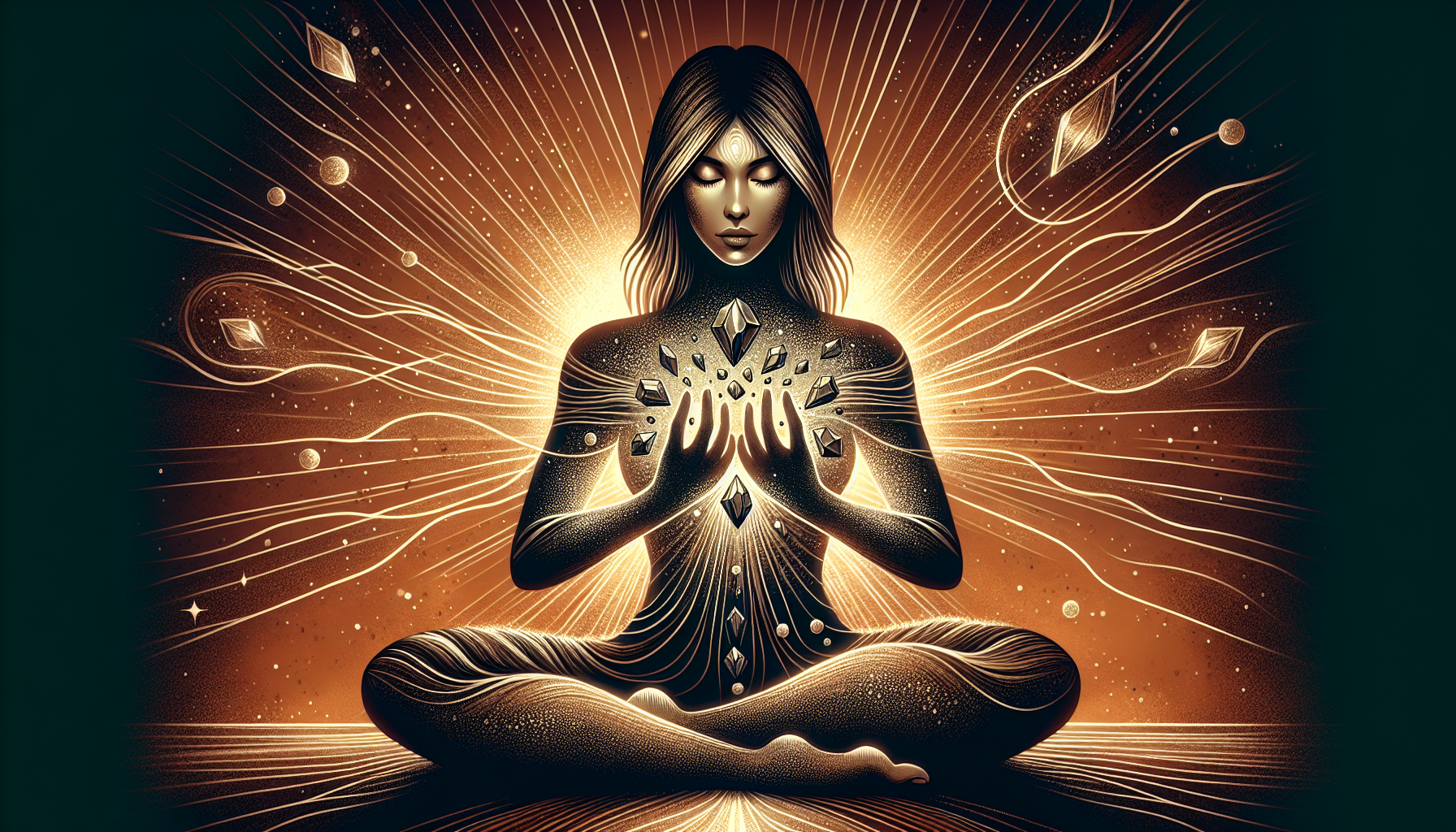 Illustration of a person meditating with hematite crystals