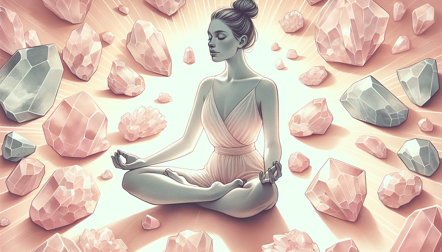 Illustration of a person meditating with rose quartz crystals placed around them