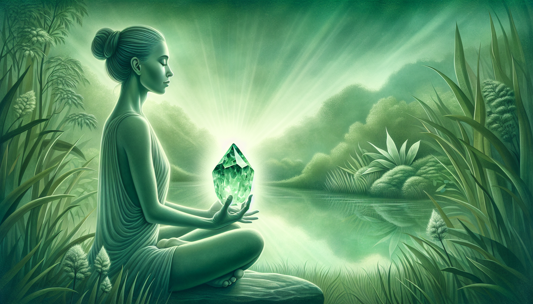 Illustration of a person meditating with moldavite