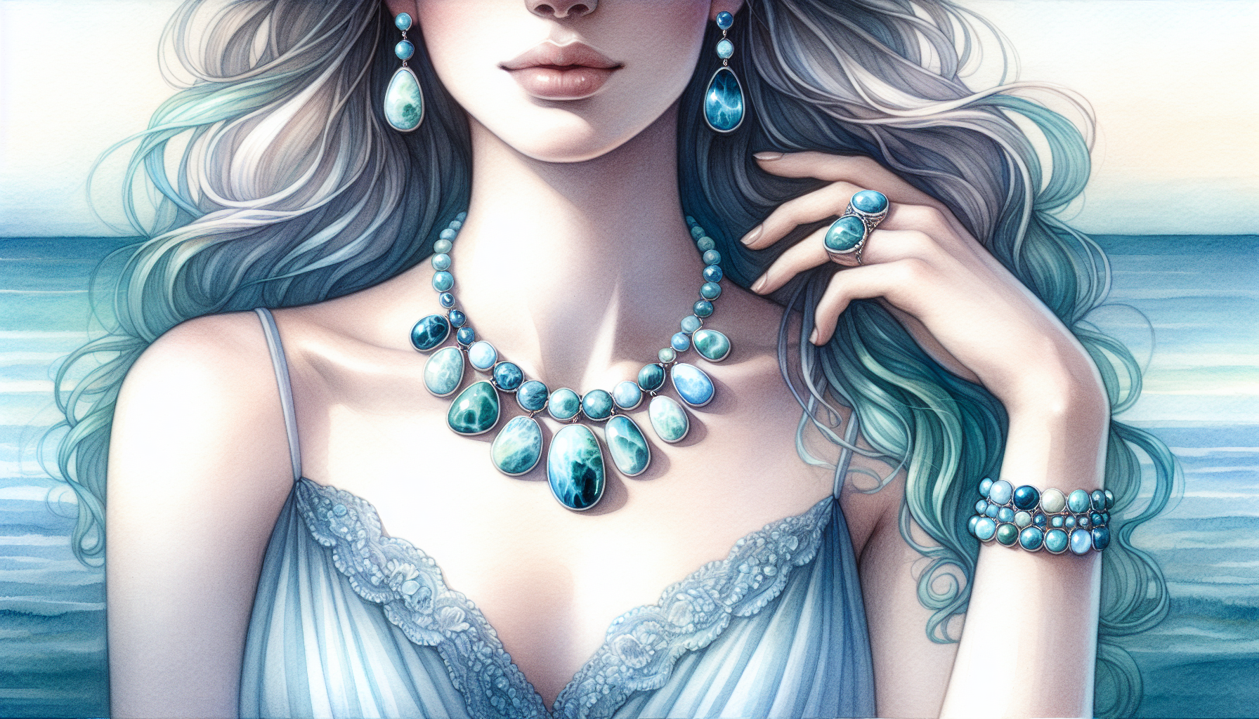 Illustration of a person wearing Larimar jewelry surrounded by a calming aura