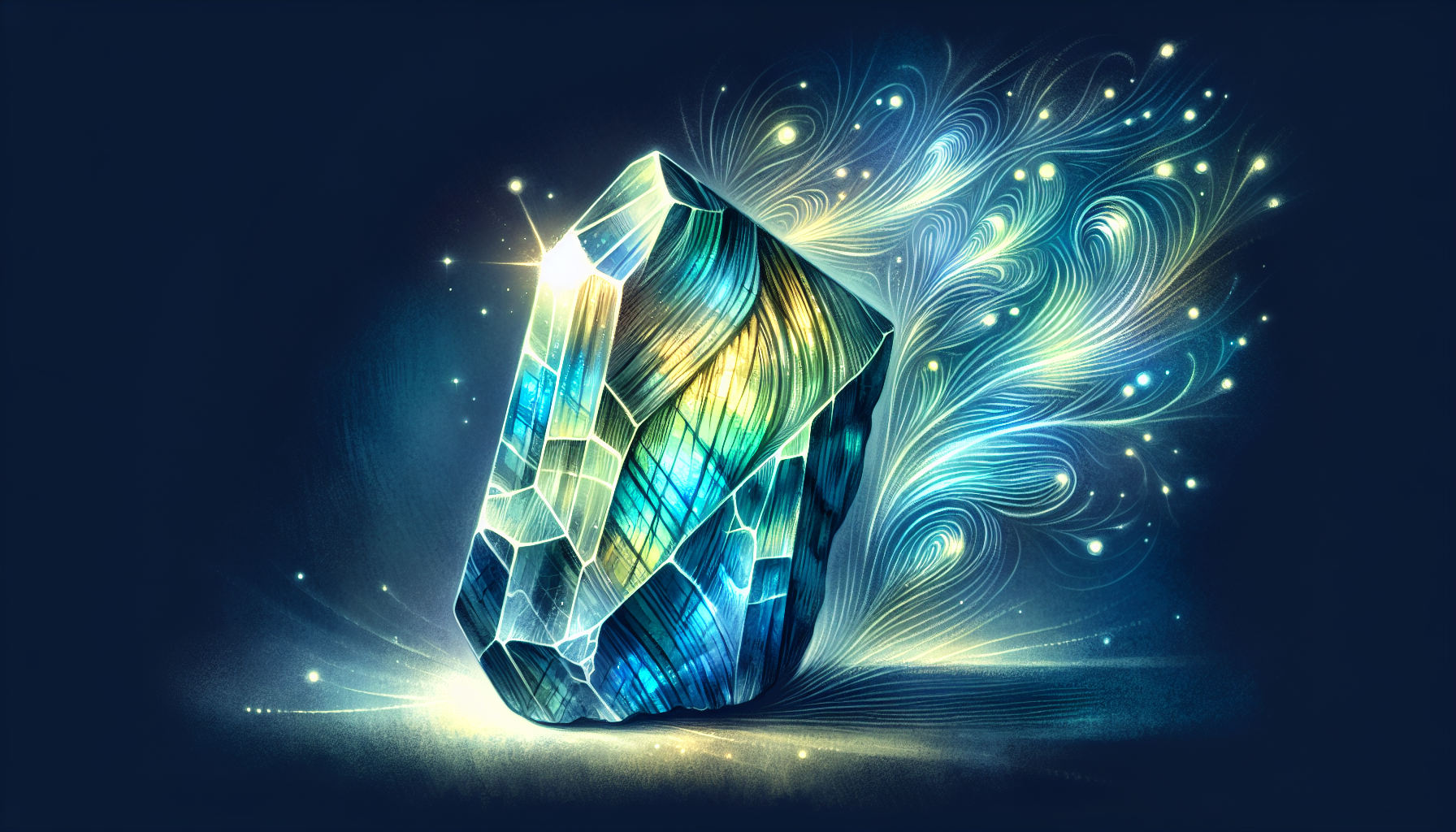 Illustration of labradorite crystal and healing energy