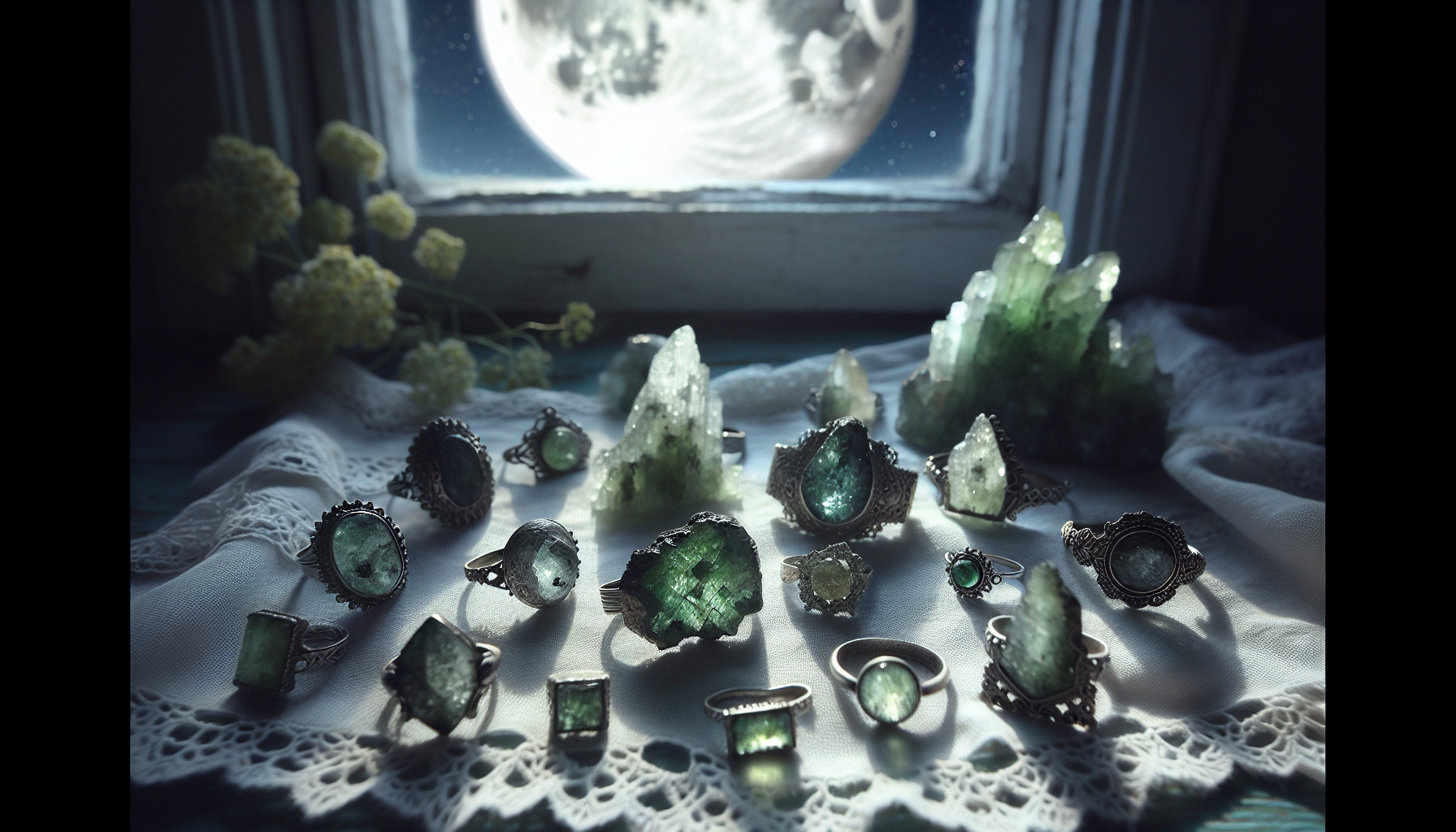 Moldavite jewelry being charged with moonlight