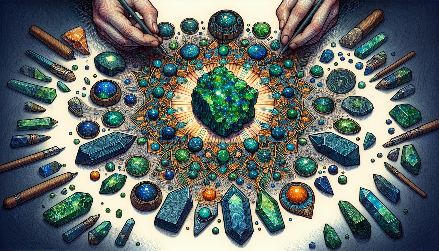 Illustration of crafting a personal amulet with moldavite and other complementary gemstones