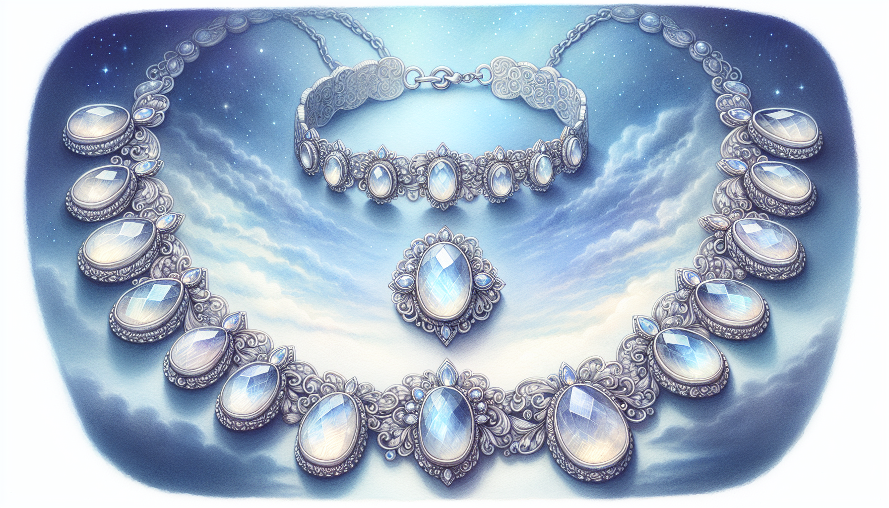 Illustration of moonstone jewelry including necklace and bracelet