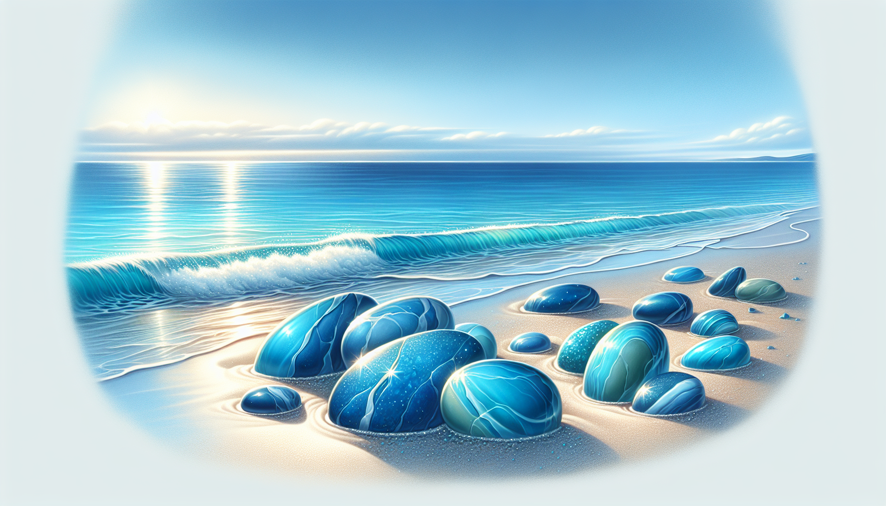 Illustration of a serene ocean with beautiful blue stones representing Larimar