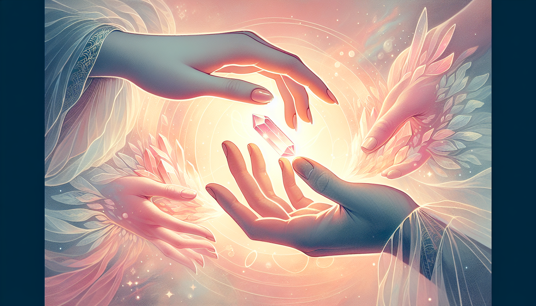 Illustration of two hands exchanging a rose quartz crystal symbolizing love and friendship