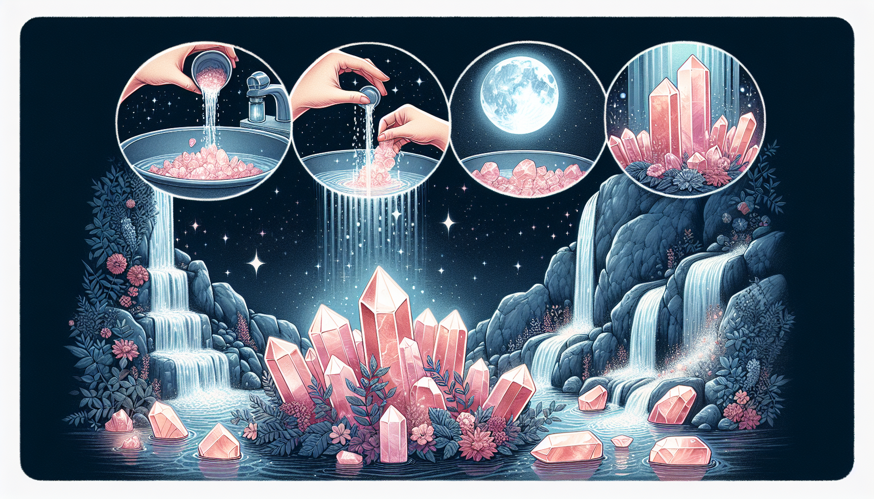 Illustration of various methods to recharge and cleanse rose quartz