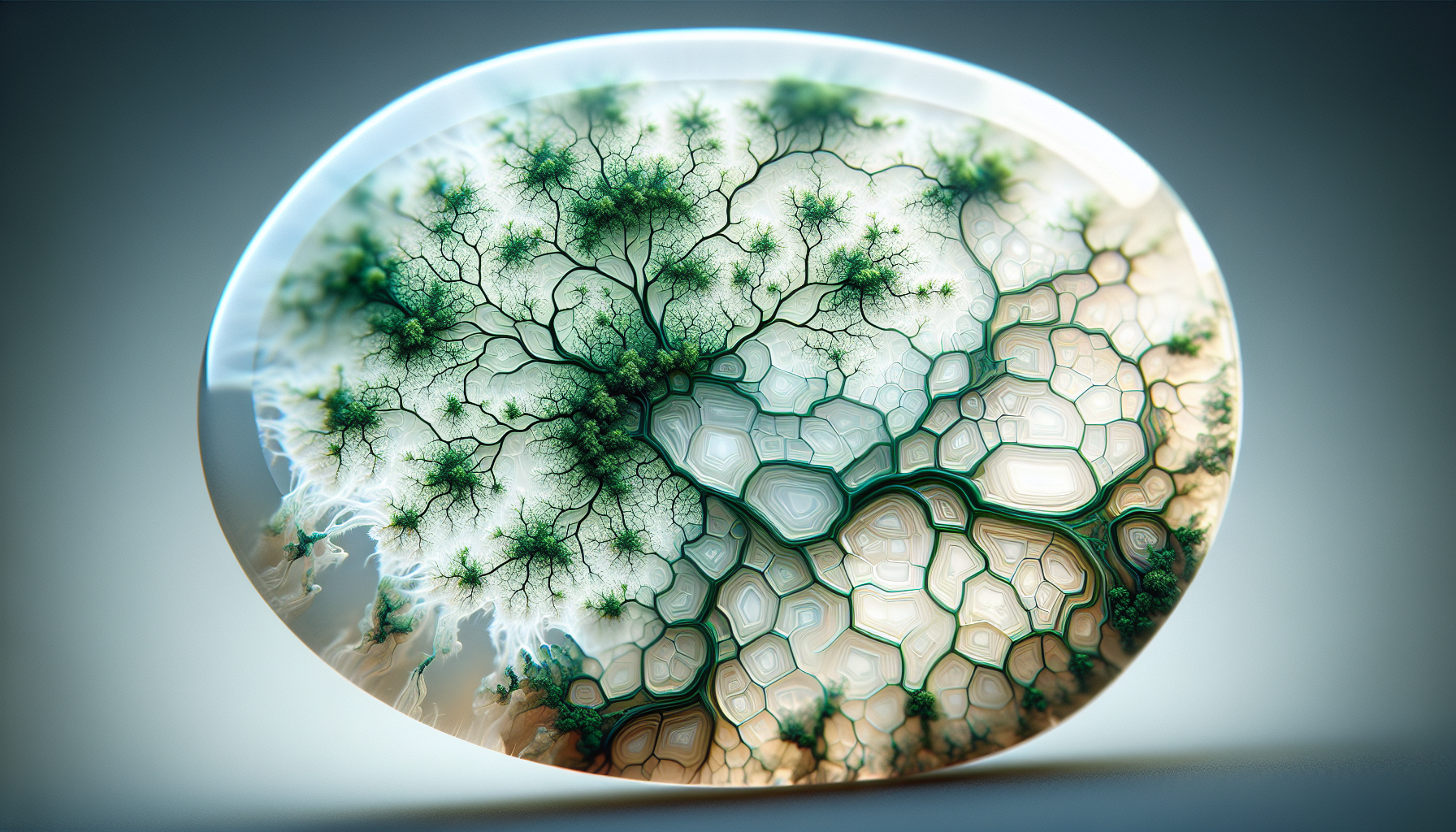 Illustration of a green dendritic pattern in a translucent stone