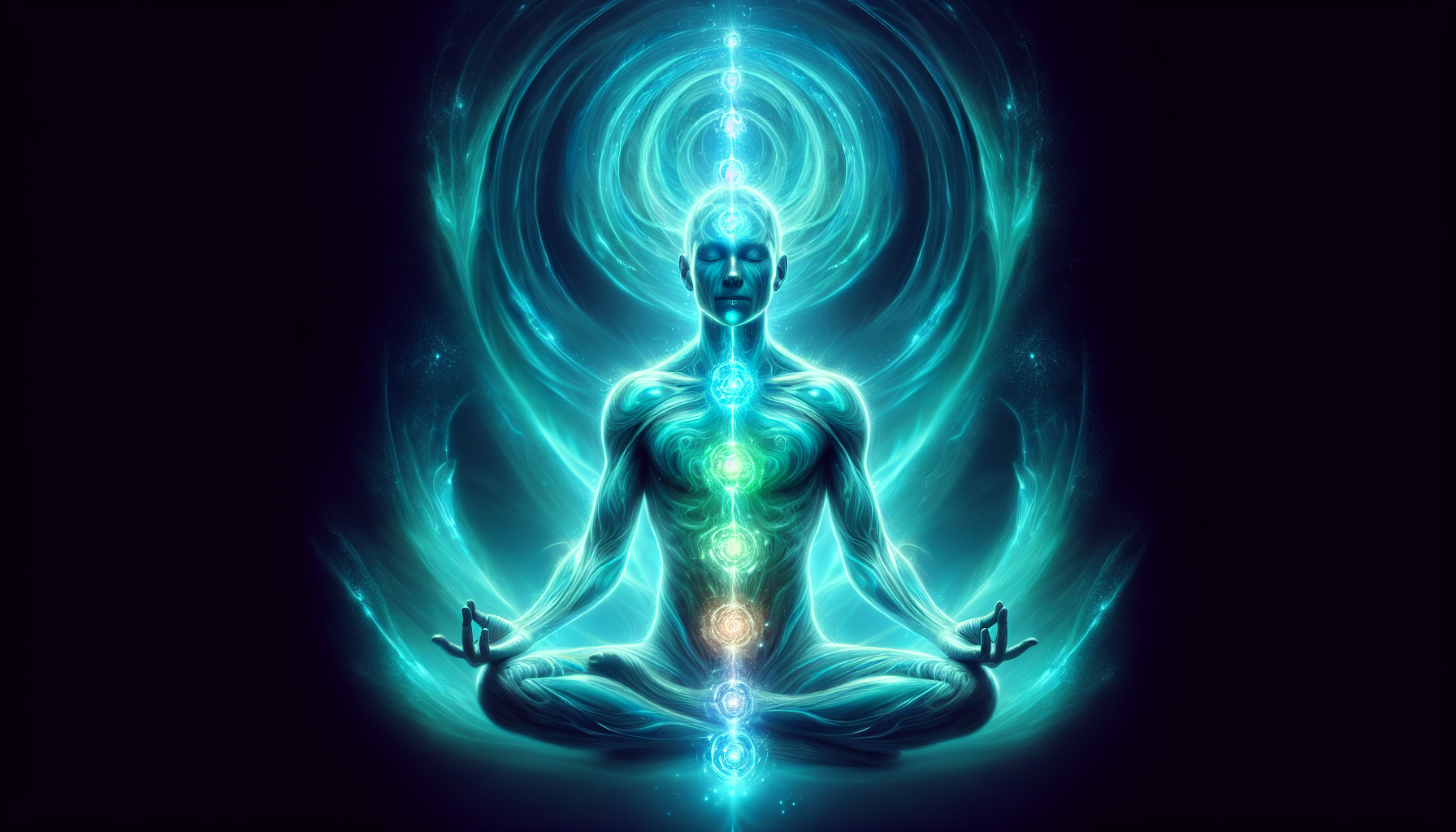 Illustration of a person meditating with vibrant energy flowing through the chakras