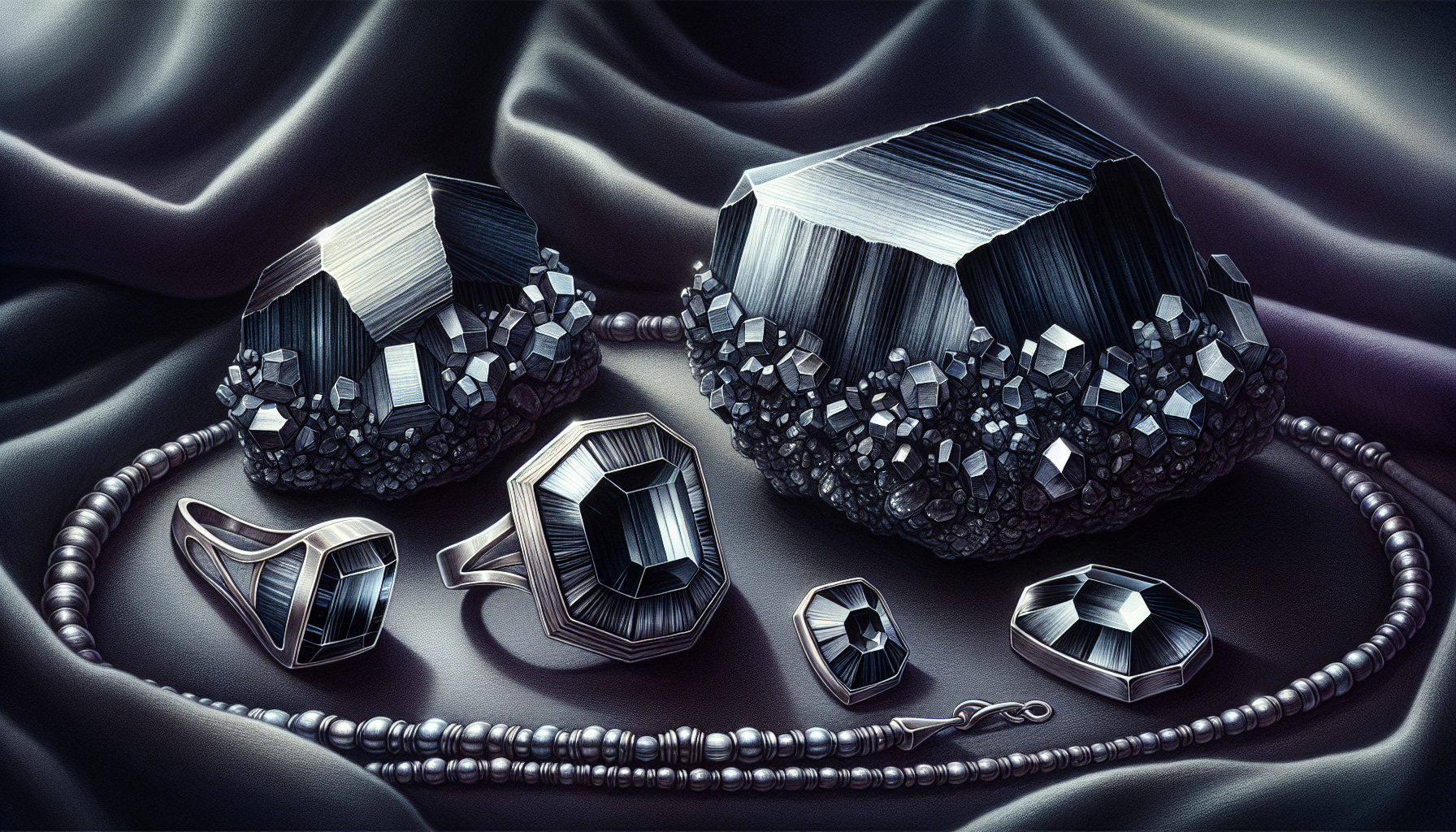 Illustration of hematite crystal stone and jewelry