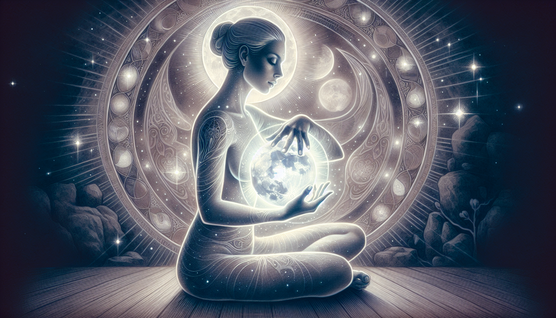 Illustration of a person meditating with moonstone in hand