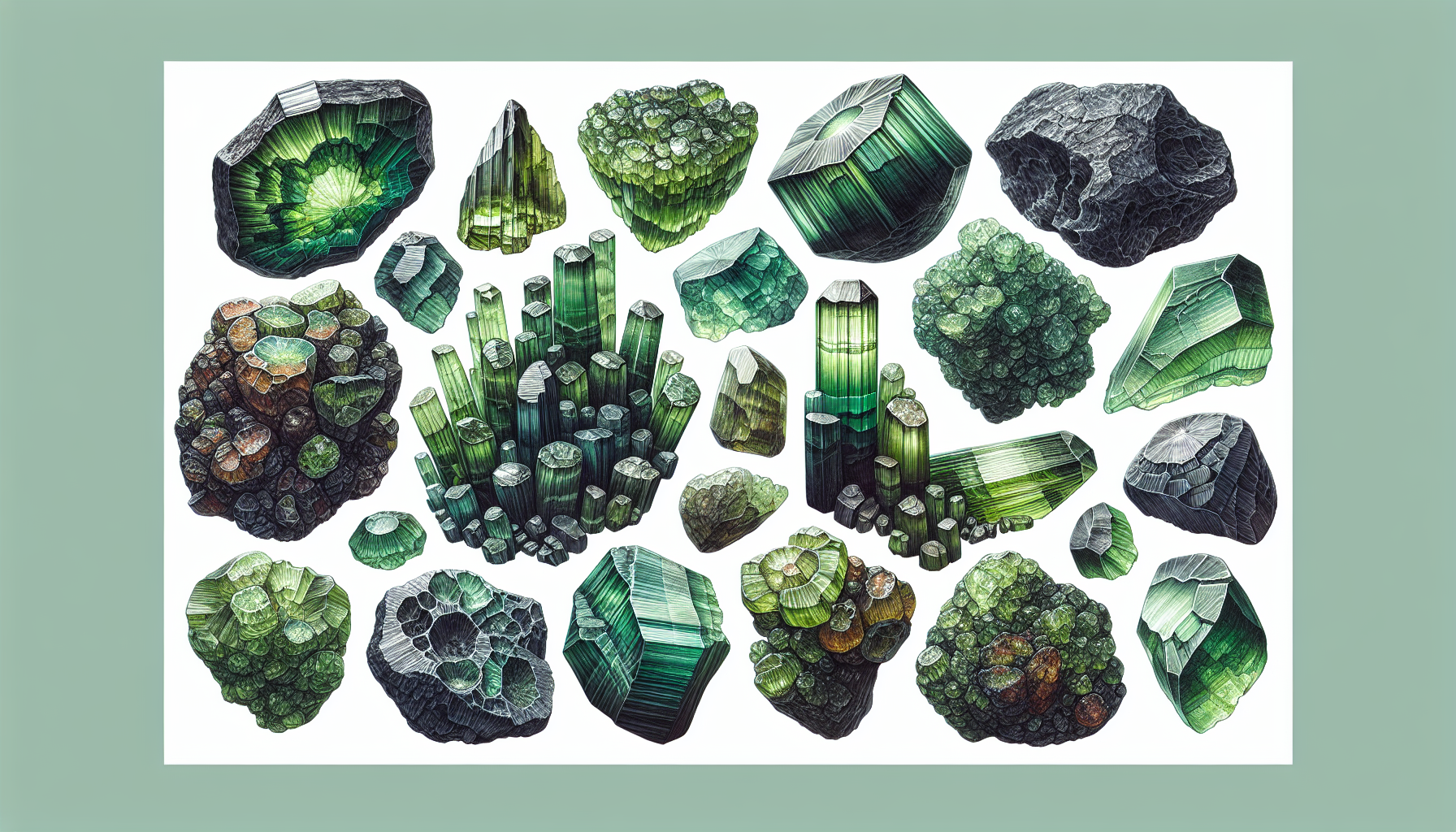 Illustration of moldavite specimens with varying textures and colors
