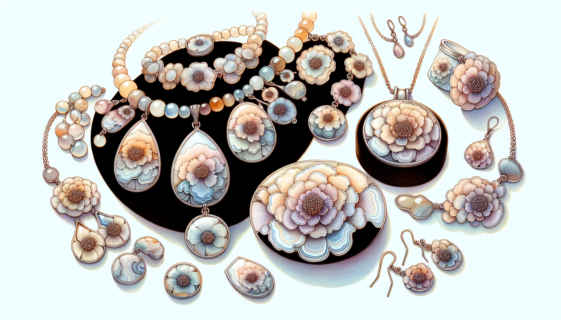 Illustration of flower agate jewelry pieces