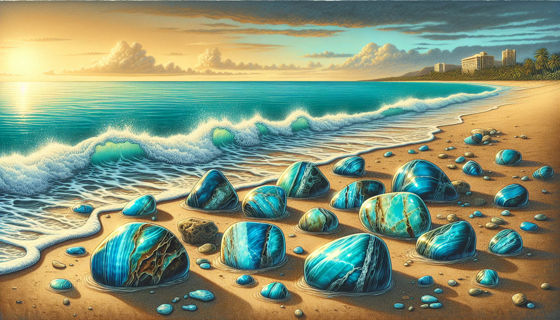 Larimar stones on a rocky shore