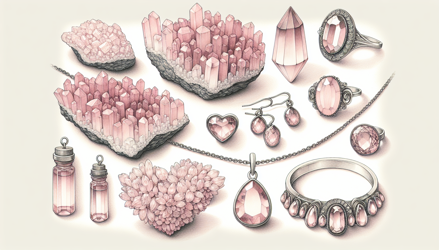 Illustration of rose quartz crystals and jewelry