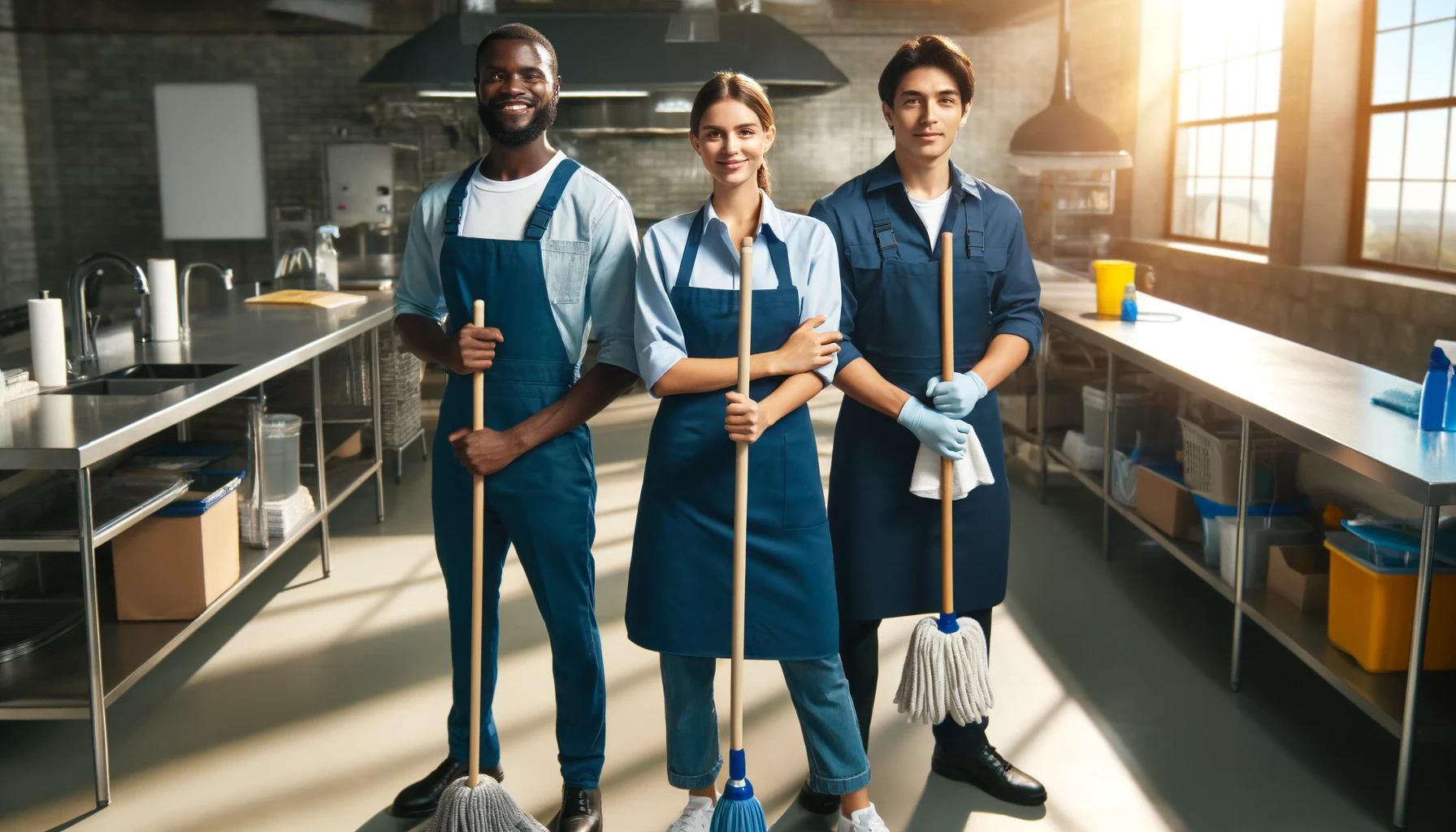 A diverse team of cleaning staff, including a Caucasian woman, an African man, and an Asian man, dressed in blue uniforms