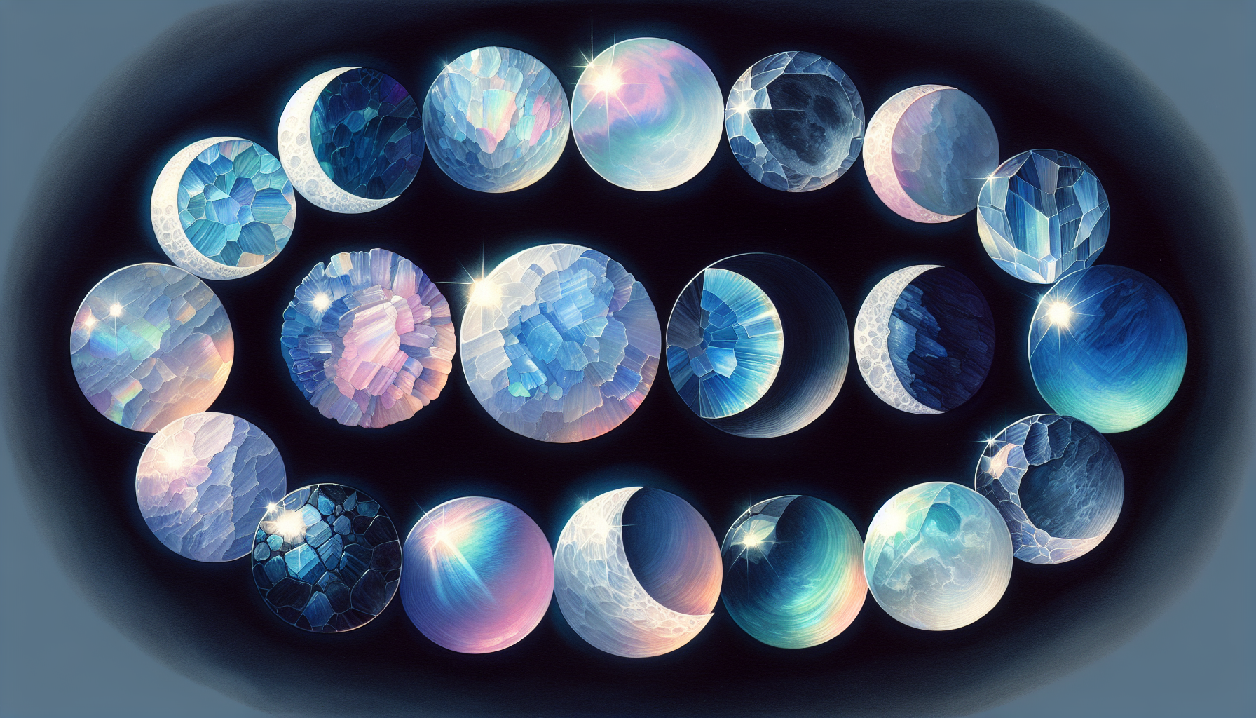 Illustration of various colored moonstones representing the spectrum of moonstone colors