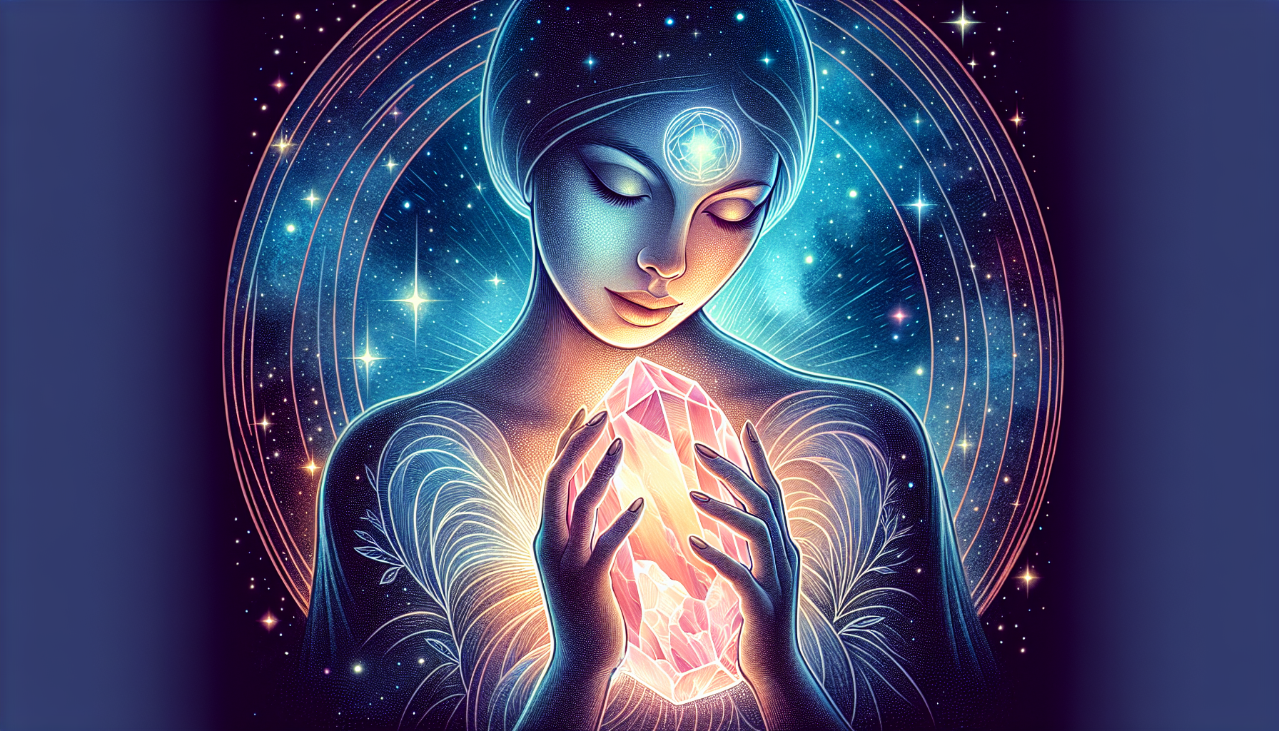 Illustration of a person holding a rose quartz crystal over their heart